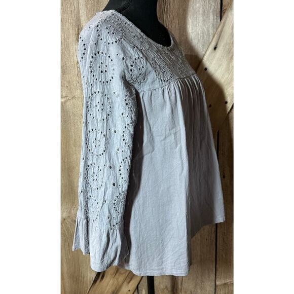 MissLook Gray / Blue Linen Blend Blouse Women's XL Eyelet Detail Ruffle Sleeves - Picture 2 of 11